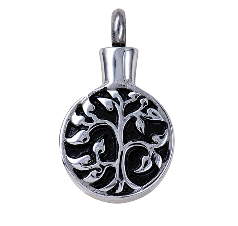 Stainless Steel/Black Enamel 'Tree of Life' Memorial Pendant with Screw Opening on Bail