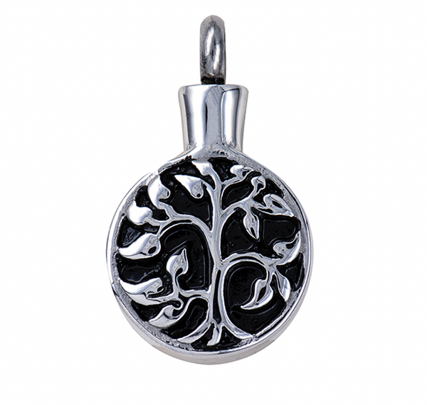 Stainless Steel/Black Enamel 'Tree of Life' Memorial Pendant with Screw Opening on Bail