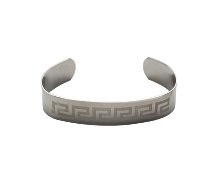 Brushed Stainless Steel Bangle & Cuff – Etched Greek Key Pattern