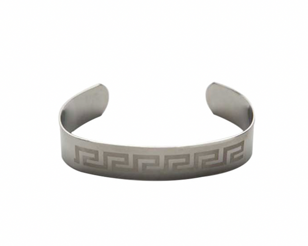 Brushed Stainless Steel Bangle & Cuff – Etched Greek Key Pattern