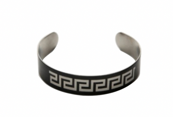 Stainless Steel & Black Enamel Greek Key Pattered Bangle