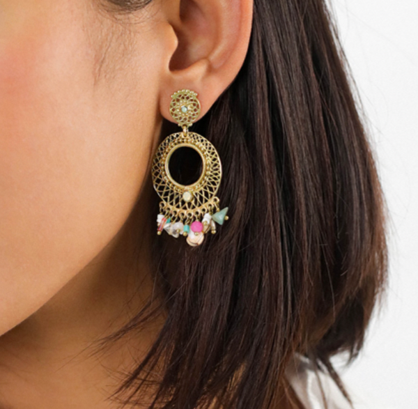 EMILY Open Work Round Metal Disc with Dangles Earrings