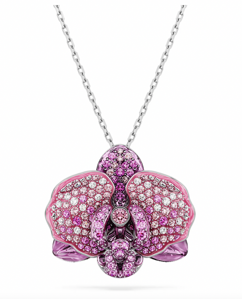 Idyllia pendant Flower, Pink, Rhodium plated