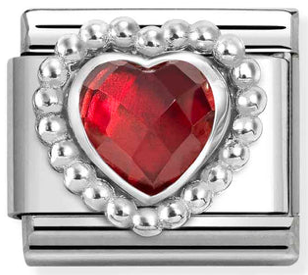 Love - Red CZ Faceted Heart with Beaded Dots Silver Charm