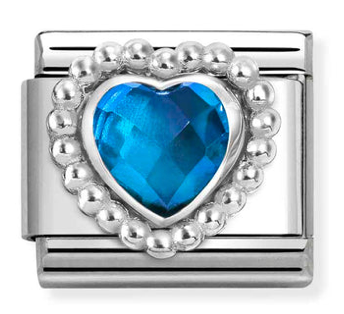 Gemstone - Blue Faceted CZ Heart with Dots Beaded Setting Silver Charm