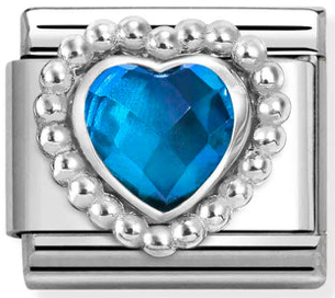Love - Blue CZ Faceted Heart with Beaded Dots Silver Charm