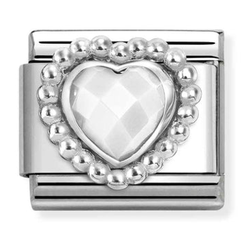 Gemstone - White Opalescent Faceted CZ Heart with Dots Beaded Setting Silver Charm