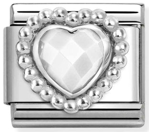 Love - White Opalescent Faceted CZ Heart with Beaded Dots Silver Charm