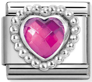 Love - Fuchsia Pink CZ Faceted Heart with Beaded Dots Silver Charm