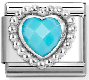 Love - Turquoise CZ Faceted Heart with Beaded Dots Silver Charm