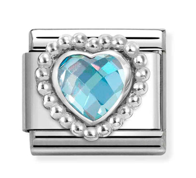 Gemstone - Light Blue Faceted CZ Heart with Dots Beaded Setting Silver Charm