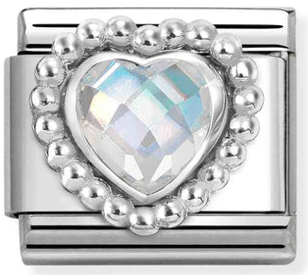 Love - White CZ Faceted Heart with Beaded Dots Silver Charm