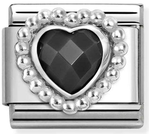Love - Black CZ Faceted Heart with Beaded Dots Silver Charm