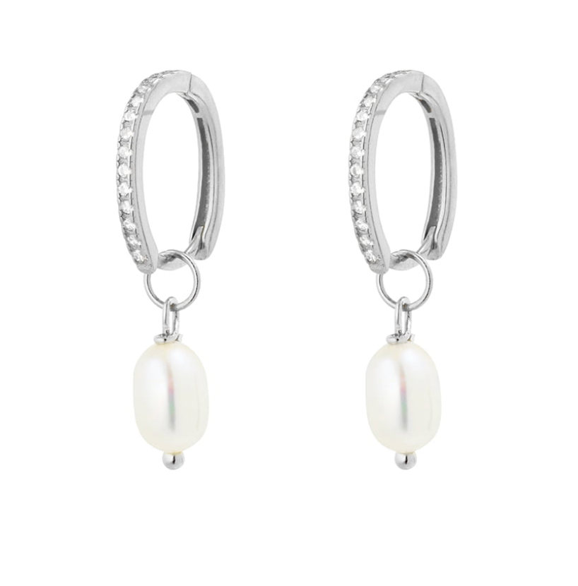 Earring -  Drop Pearl w/ CZs  Huggie