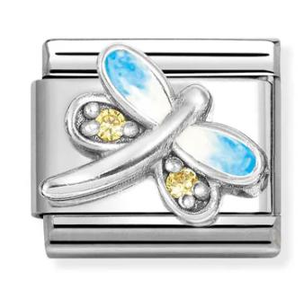 Animal - Dragonfly Light Blue & Yellow Silver Charm
