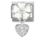 White Flower with Heart Drop Silver Charm