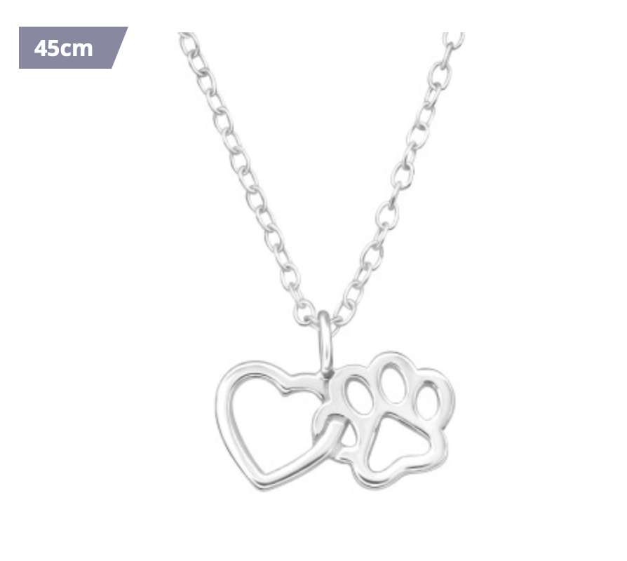 Silver Paw Print & Heart Necklace