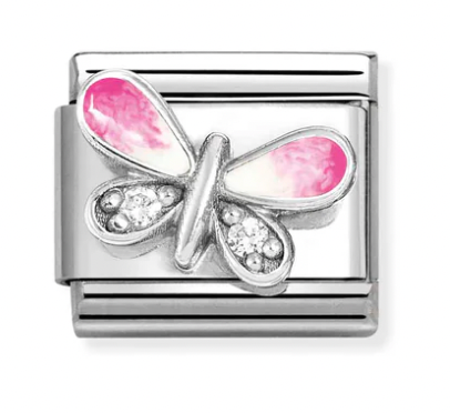Butterfly Pink & White Silver Charm