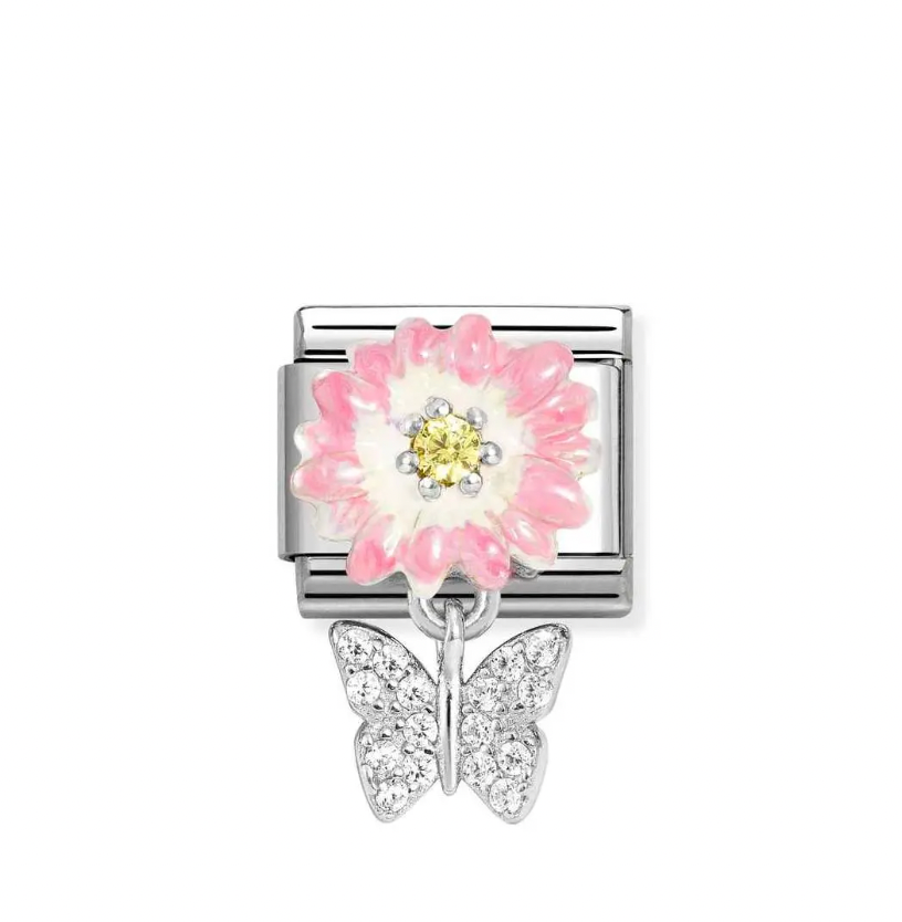 Pink Flower with Butterfly Drop Silver Charm