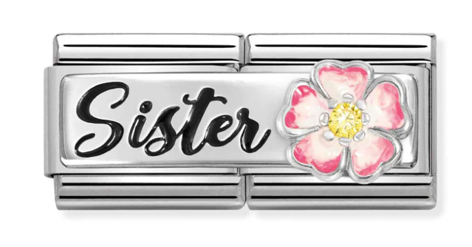 Sister with Flower Double Link Silver Charm