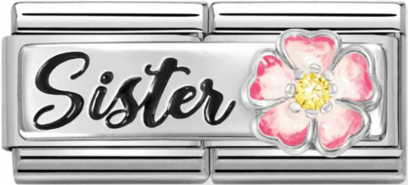 Double Links - Sister with Flower Silver Charm