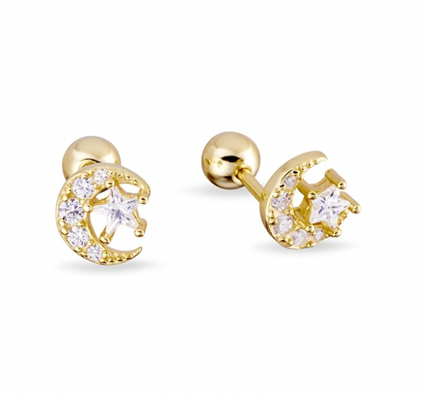 Single Earring - YGP Star & Moon with CZ Cartilage Ball Backing