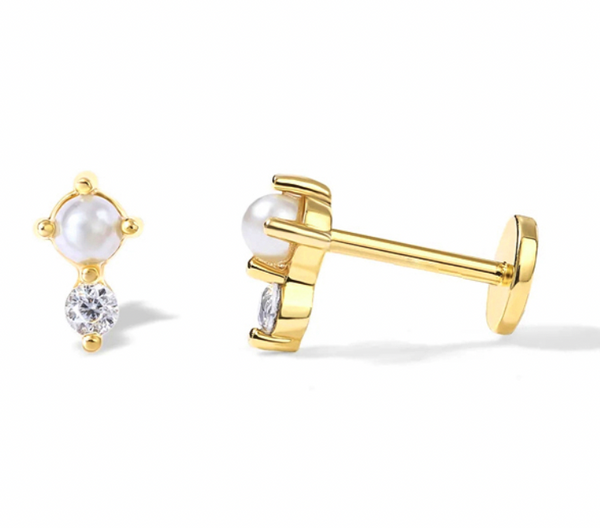 Flat Back Single Earring - Pearl & CZ