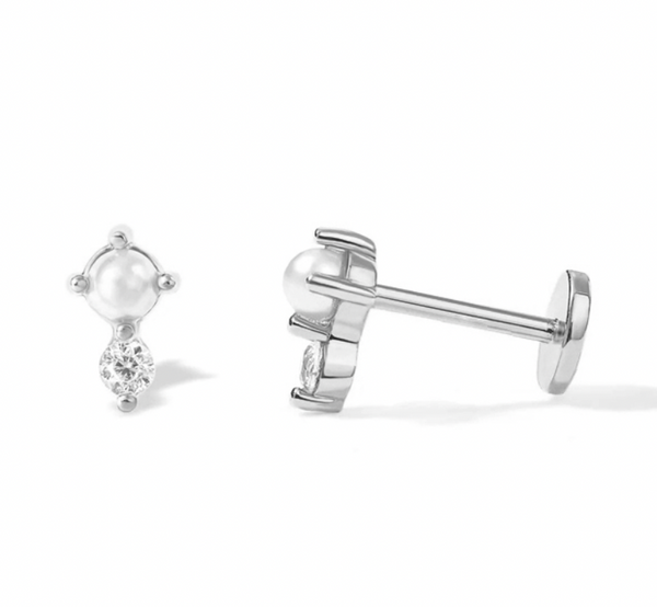 Flat Back Single Earring - Pearl & CZ