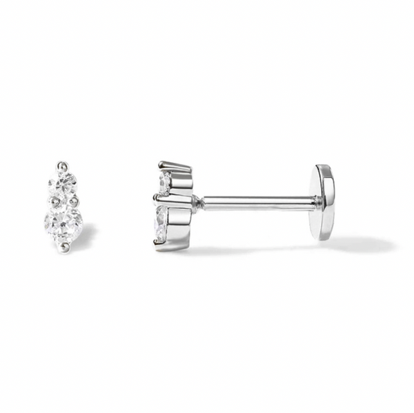 Flat Back Single Earring - Double CZ Silve