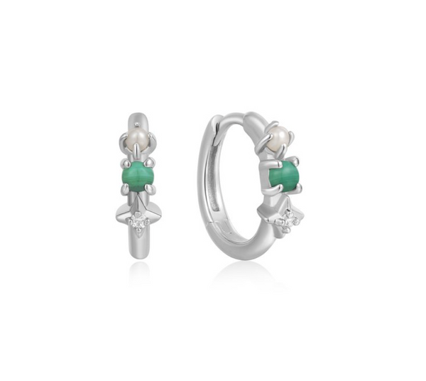 Second Nature - Malachite with Pearls & CZ Huggie Hoop Silver Earrings