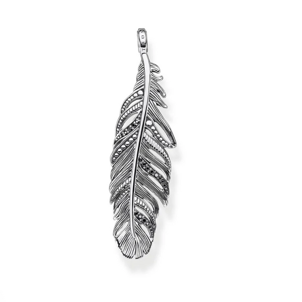 Feather with Black CZ Silver Pendant