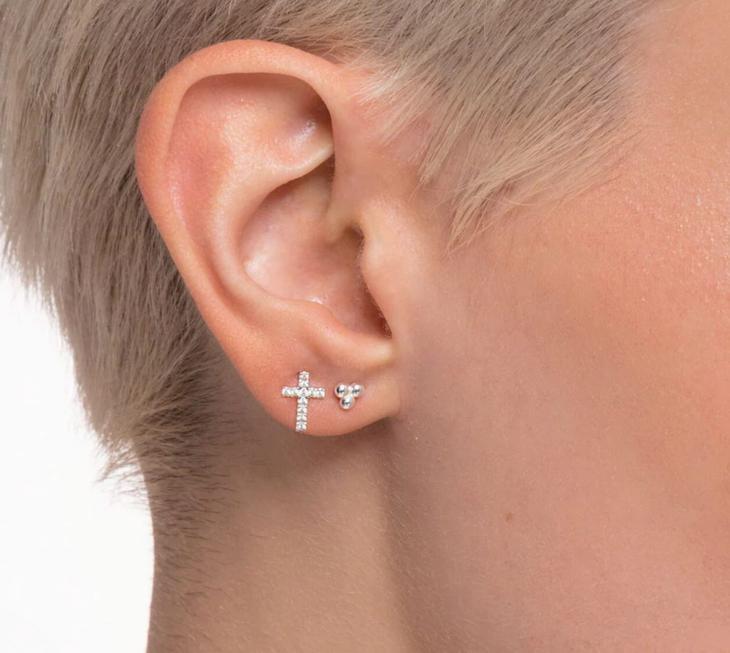 Cross with CZ Silver Ear Single Studs