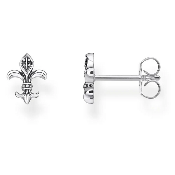 Fleur-De-Lis Black CZ Silver Stud Earrings