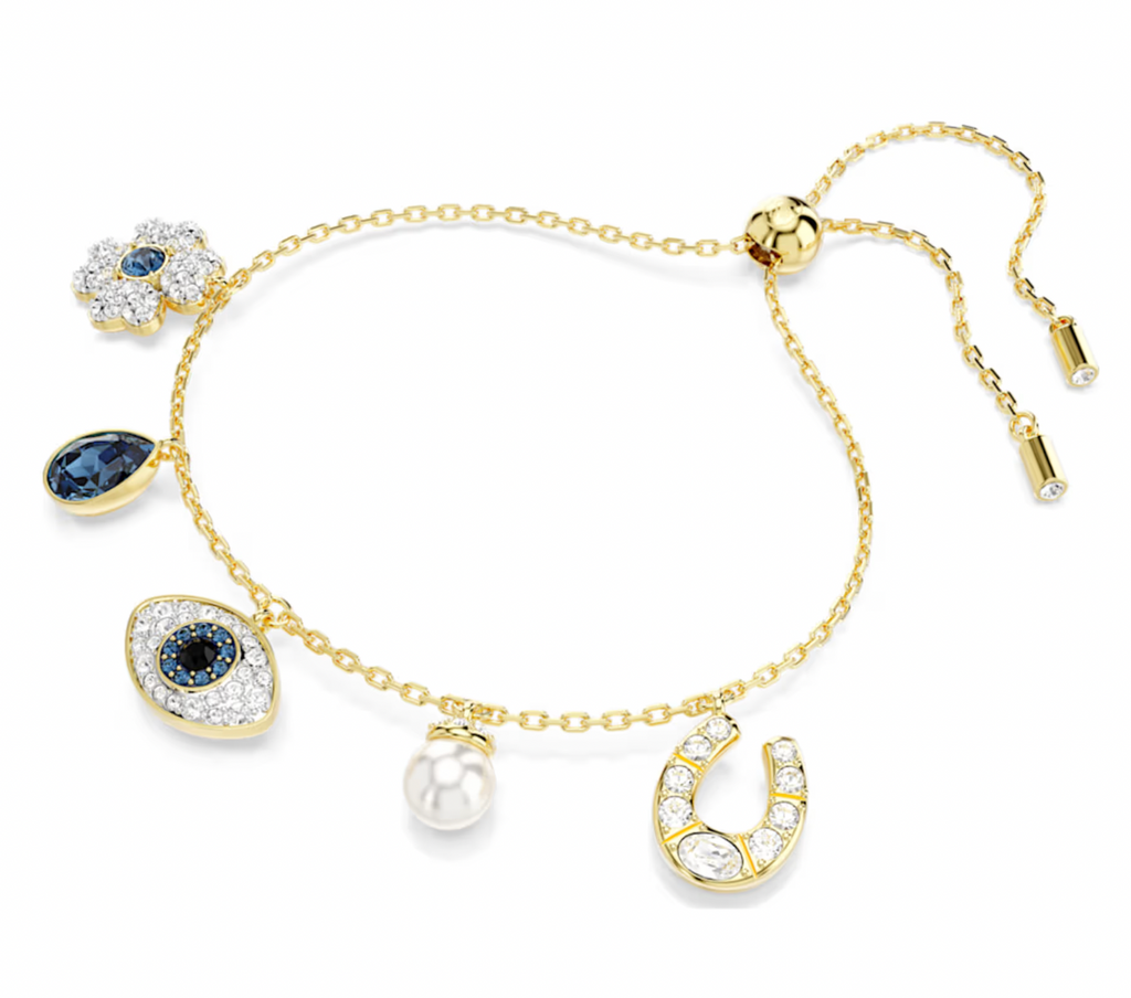 Symbolica Clover, Evil Eye, Horseshoe, Blue & Gold Tone Bracelet