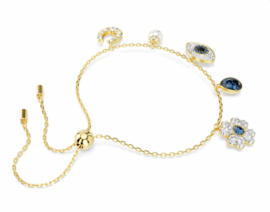 Symbolica Clover, Evil Eye, Horseshoe, Blue & Gold Tone Bracelet