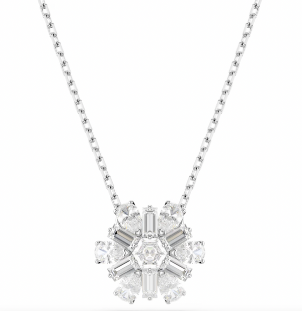 Idyllia Mixed Cuts Snowflake, White, Rhodium Plated Necklace