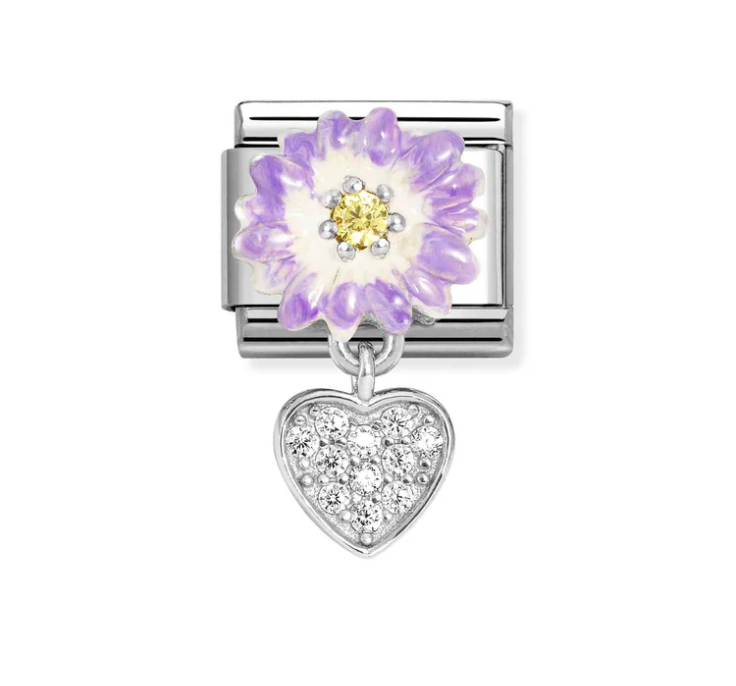 Dangle - Lilac Flower and Heart CZ Drop Silver Charm