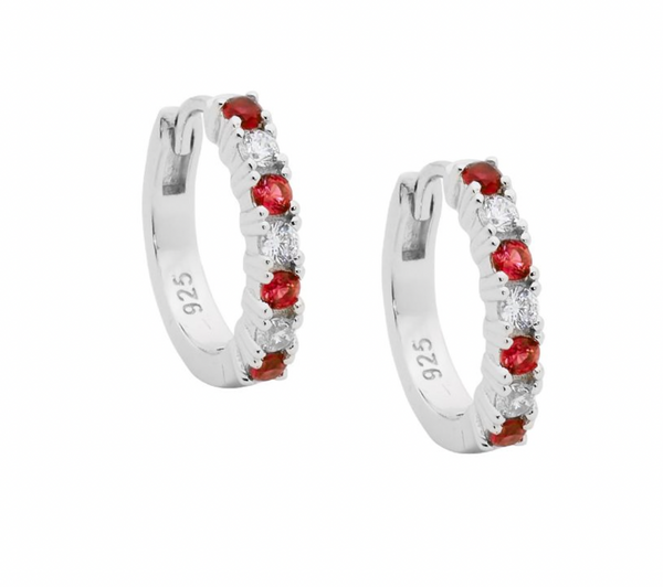 15mm Red Coloured CZ Silver Hoop Earrings