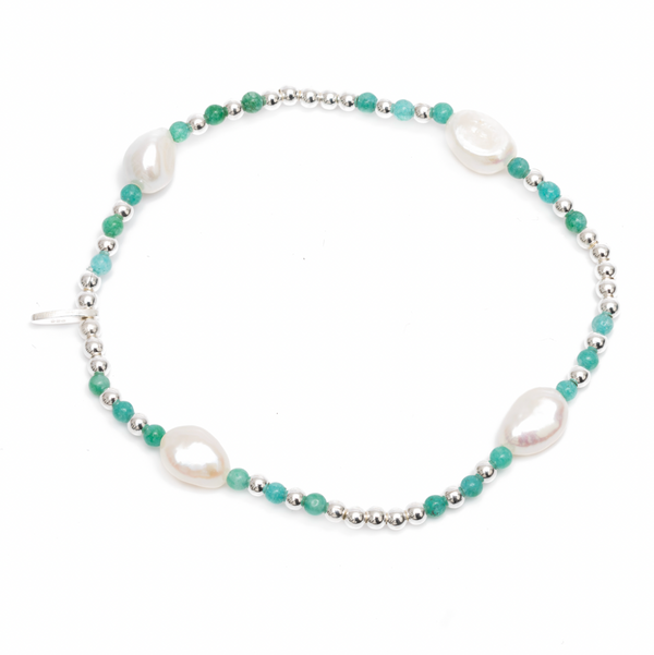 Elastic Bracelet - Oval Pearl and Turquoise Beads