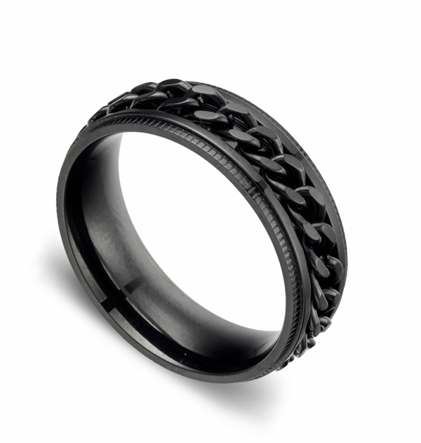 Rotating Fidget Ring - Stainless Steel IP Black Curb Link Inlay Spinner  Ring