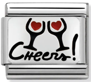 Food & Drinks - Cheers with Red Wine Glasses Silver Charm