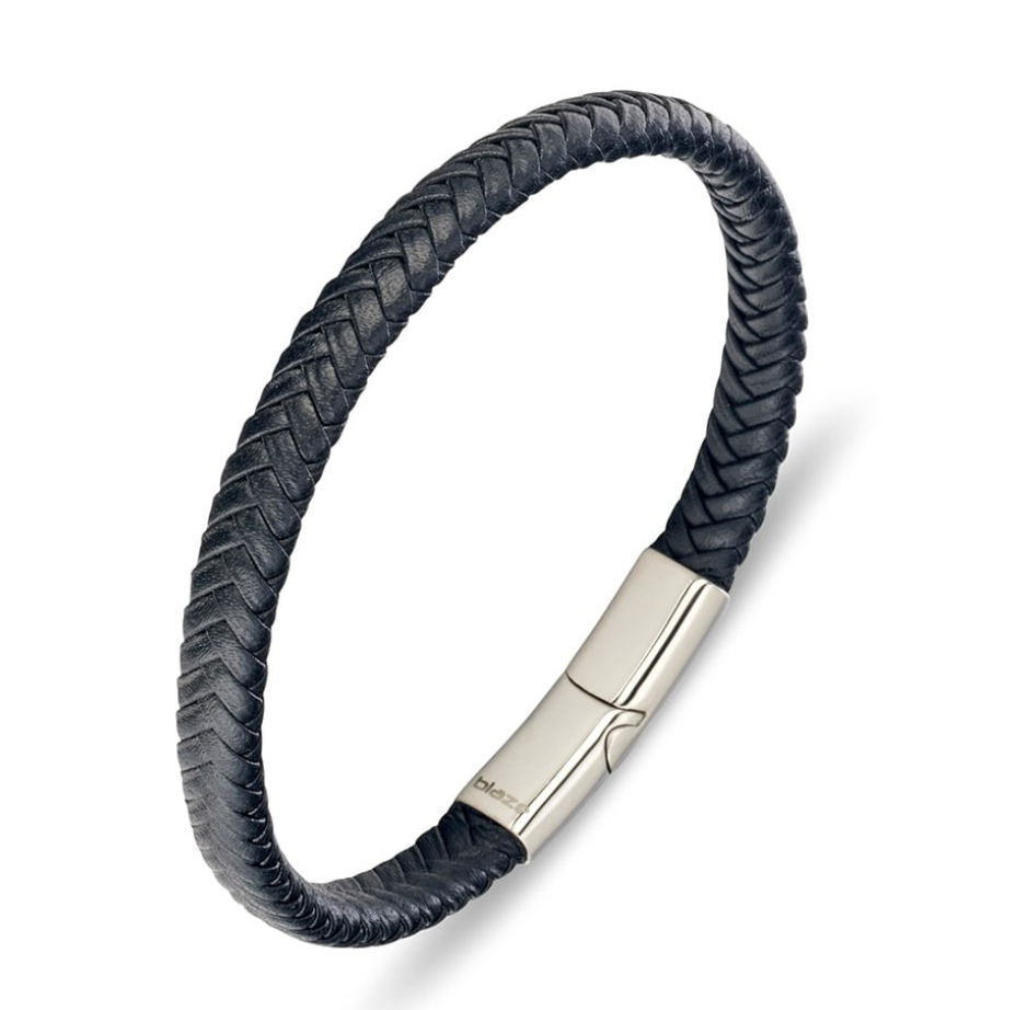 Bracelet - Blaze Stainless Steel Men's Black Leather Braid Bangle