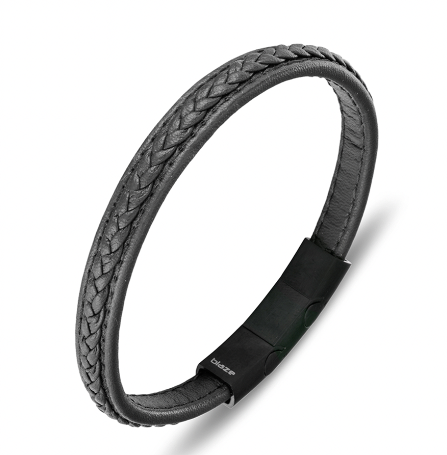 Bracelet - Blaze Stainless Steel Men's Black Leather Bangle