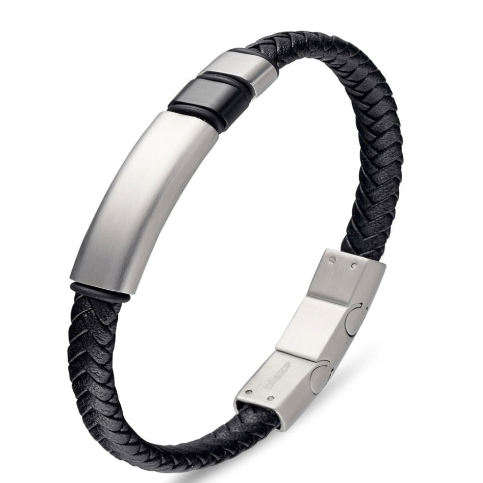 Bracelet - Blaze Stainless Steel Men's Black Leather Bangle with Steel Bar Details