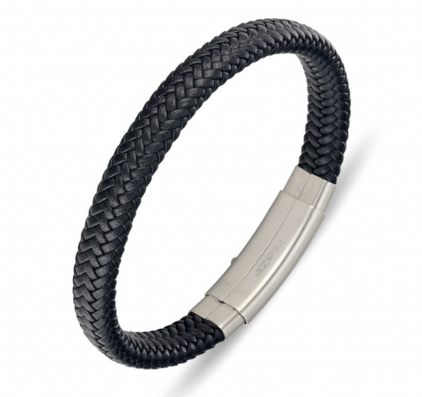 Men Bracelet -  Blaze Stainless Steel Leather Bangle with Steel Clasp