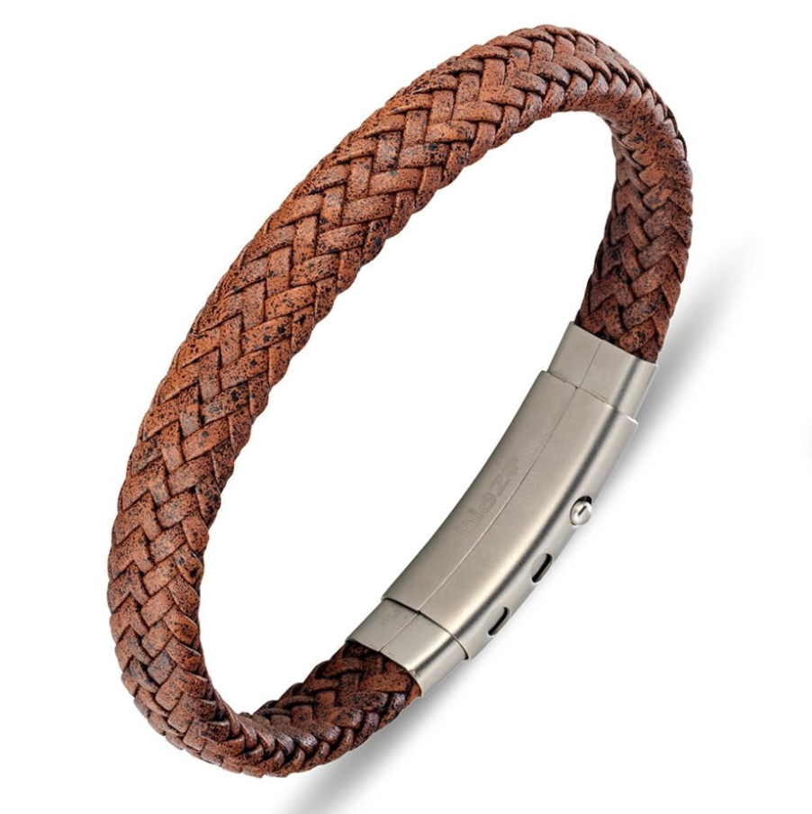 Men Bracelet -  Blaze Stainless Steel Leather Bangle with Steel Clasp