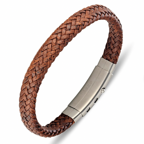 Men Bracelet -  Blaze Stainless Steel Leather Bangle with Steel Clasp