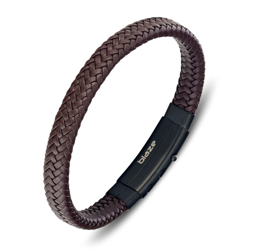 Men Bracelet -  Blaze Stainless Steel Leather Bangle with Steel Clasp
