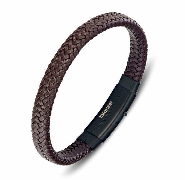 Men Bracelet -  Blaze Stainless Steel Leather Bangle with Steel Clasp