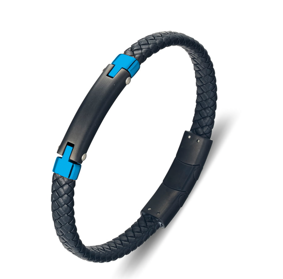 Men Bracelet -  Blaze Black Leather Bangle with Multicoloured Stainless Steel ID Plate